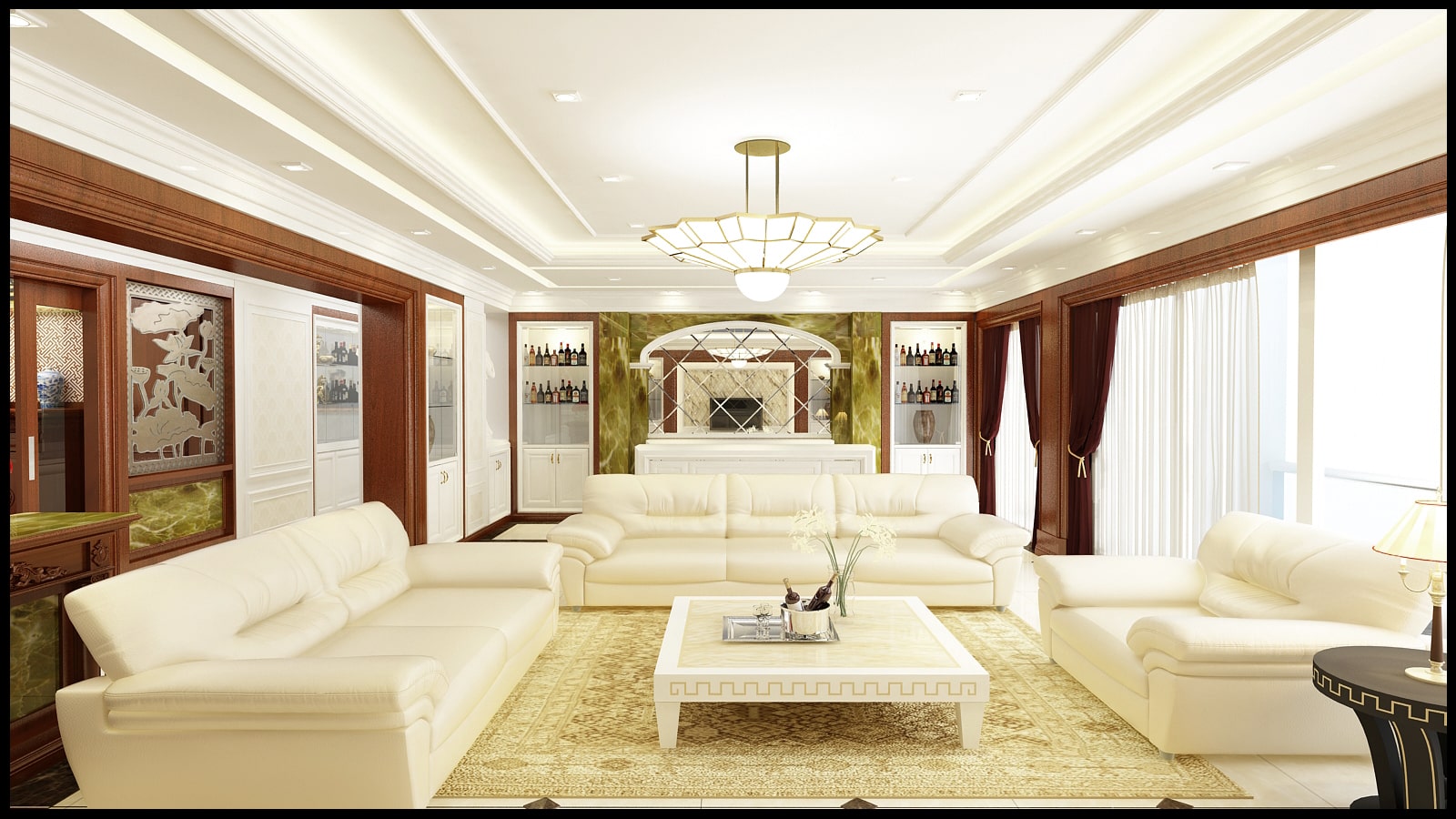 Nội thất phòng khách tân cổ điển mang đến sự cổ điển và thanh lịch cho không gian sống của bạn. Tất cả đồ nội thất được chọn lựa kỹ càng và đặt trong một môi trường tinh tế. Hãy đến và cảm nhận sự ấn tượng và tinh tế của phòng khách này.